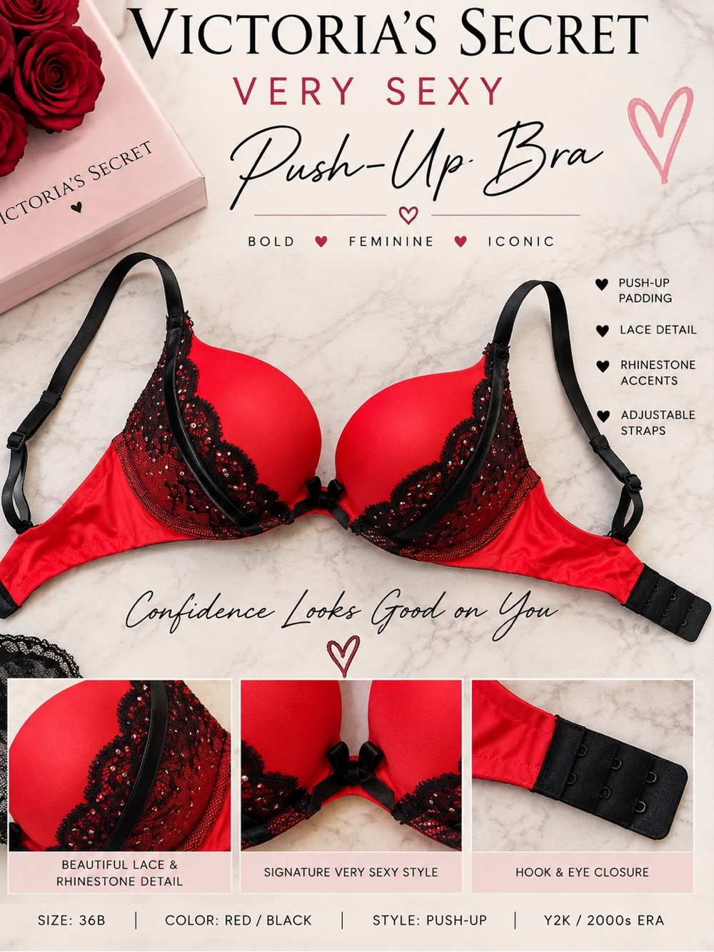 Victoria’s Secret Very Sexy Y2K Push Up Bra 36B Red Black Lace Rhinestone